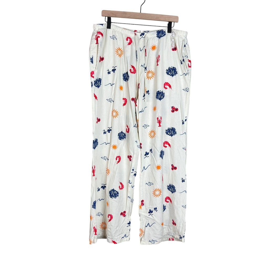Cali 1850 Linen Beach Pants XL Coastal Lobster Shrimp Print Wide Leg Drawstring